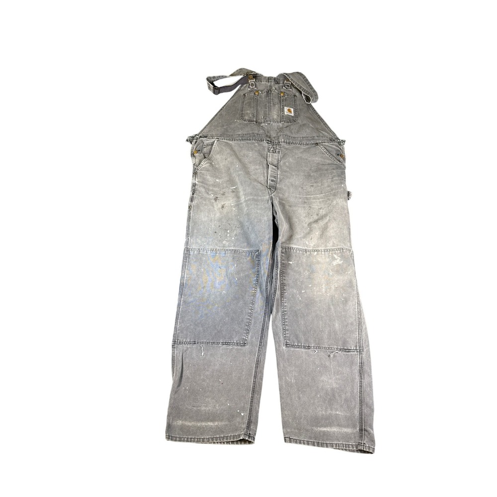 Carhartt Carpenter Bib Overalls Mens 46x34‎ Gray Distressed Duck Canvas R01 GVY